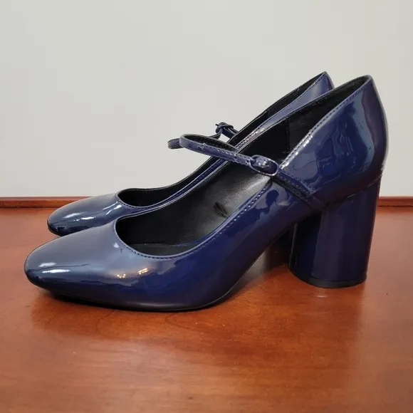 Zara Blue Faux Patent Leather Block Heel Mary Jane Side Strap Shoes Size 8