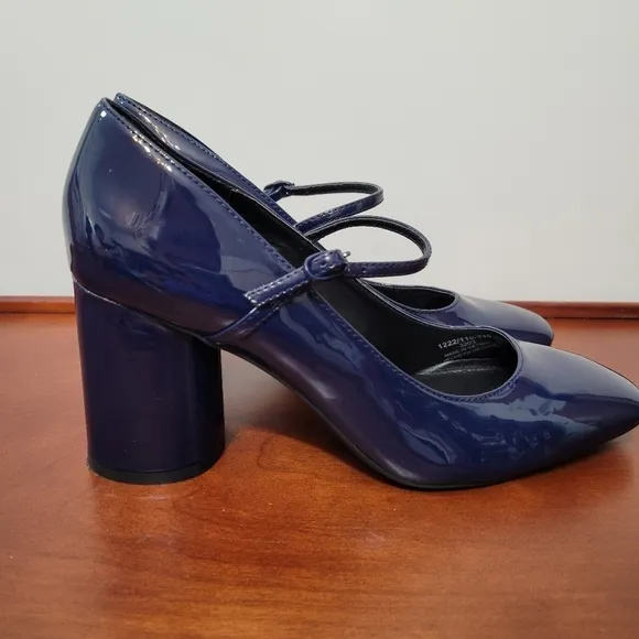 Zara Blue Faux Patent Leather Block Heel Mary Jane Side Strap Shoes Size 8
