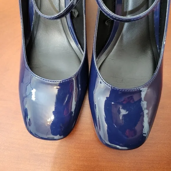 Zara Blue Faux Patent Leather Block Heel Mary Jane Side Strap Shoes Size 8