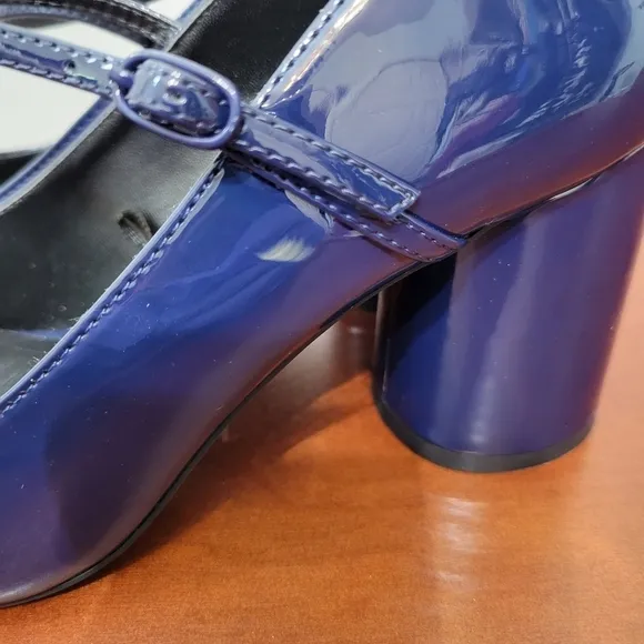 Zara Blue Faux Patent Leather Block Heel Mary Jane Side Strap Shoes Size 8