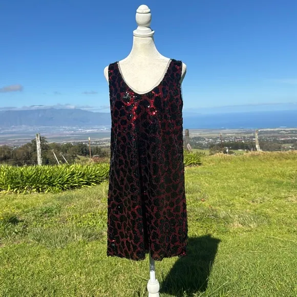 ZARA Dress Leopard Sequin Minidress Red Black Low Back Lined