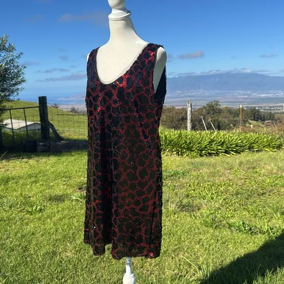 ZARA Dress Leopard Sequin Minidress Red Black Low Back Lined