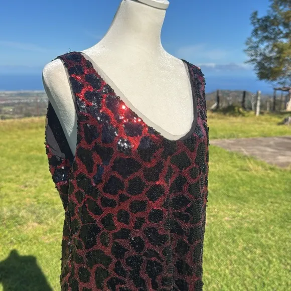 ZARA Dress Leopard Sequin Minidress Red Black Low Back Lined