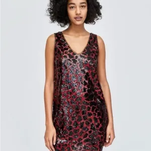 ZARA Dress Leopard Sequin Minidress Red Black Low Back Lined