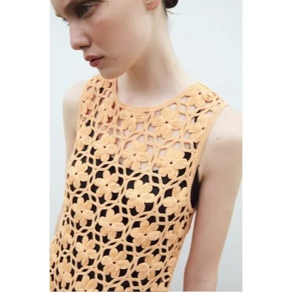 Zara Floral Knit Macrame Maxi / Midi Dress Lined Size Small
