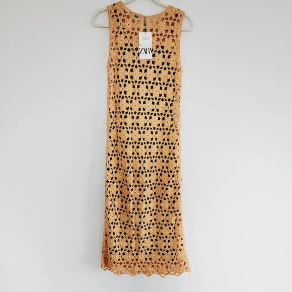 Zara Floral Knit Macrame Maxi / Midi Dress Lined Size Small