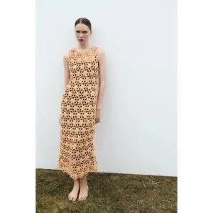 Zara Floral Knit Macrame Maxi / Midi Dress Lined Size Small