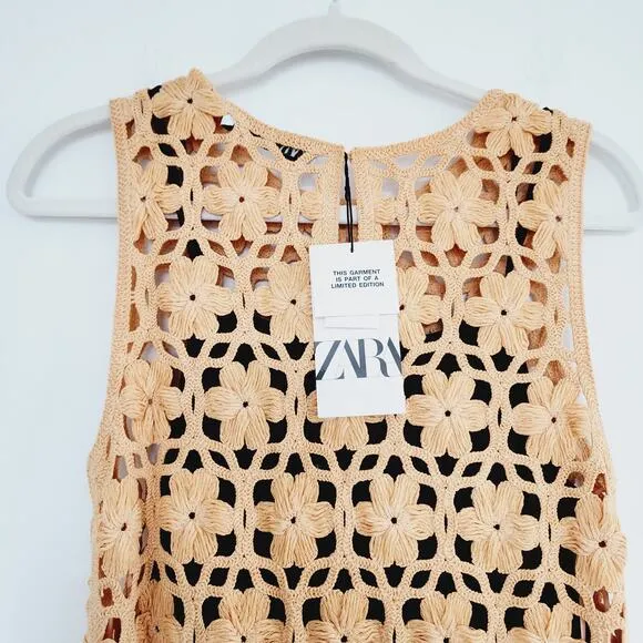 Zara Floral Knit Macrame Maxi / Midi Dress Lined Size Small