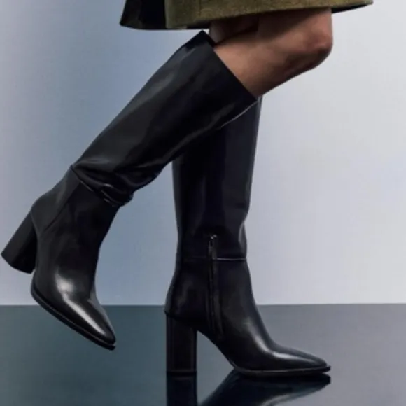 Zara Leather Elegant Black Knee-High Women's Boots Boot Size 6