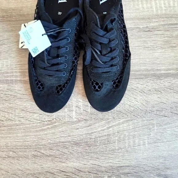 ZARA  WOMEN’S MESH DARBY SHOES BACK PULL TAB. LACE-UP CLOSURE SZ 37 BLACK COLOR