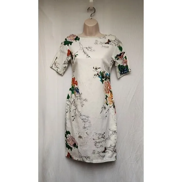 ZARA WOMENS BOAT NECK FLORAL PRINT MIDI DRESS SIZE SMALL MULTICOLOR CREAM