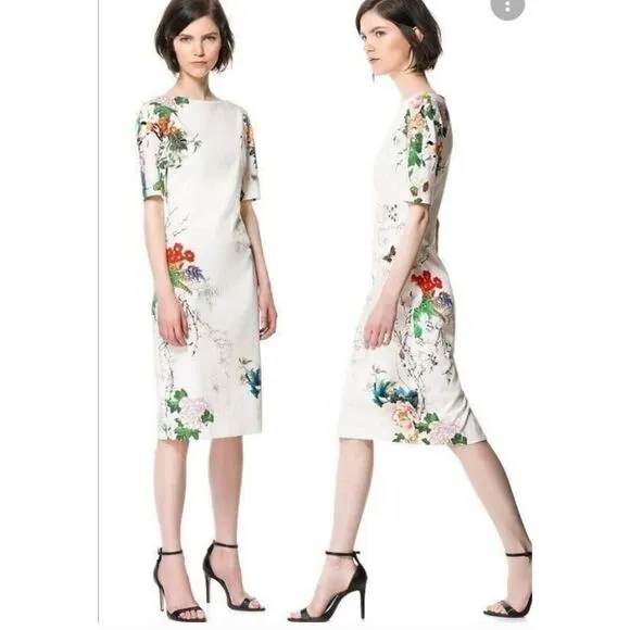 ZARA WOMENS BOAT NECK FLORAL PRINT MIDI DRESS SIZE SMALL MULTICOLOR CREAM