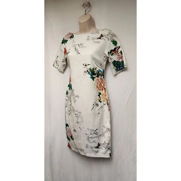 ZARA WOMENS BOAT NECK FLORAL PRINT MIDI DRESS SIZE SMALL MULTICOLOR CREAM